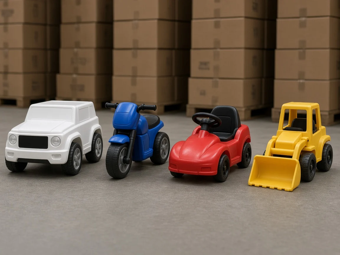 Four unbranded kids ride-on formats lined up for an assortment review in a warehouse