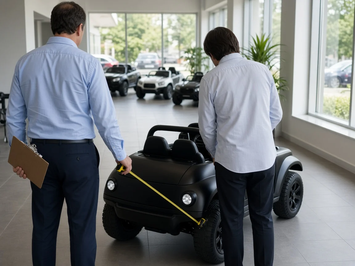 Two buyers measuring a ride-on sample, faces not shown