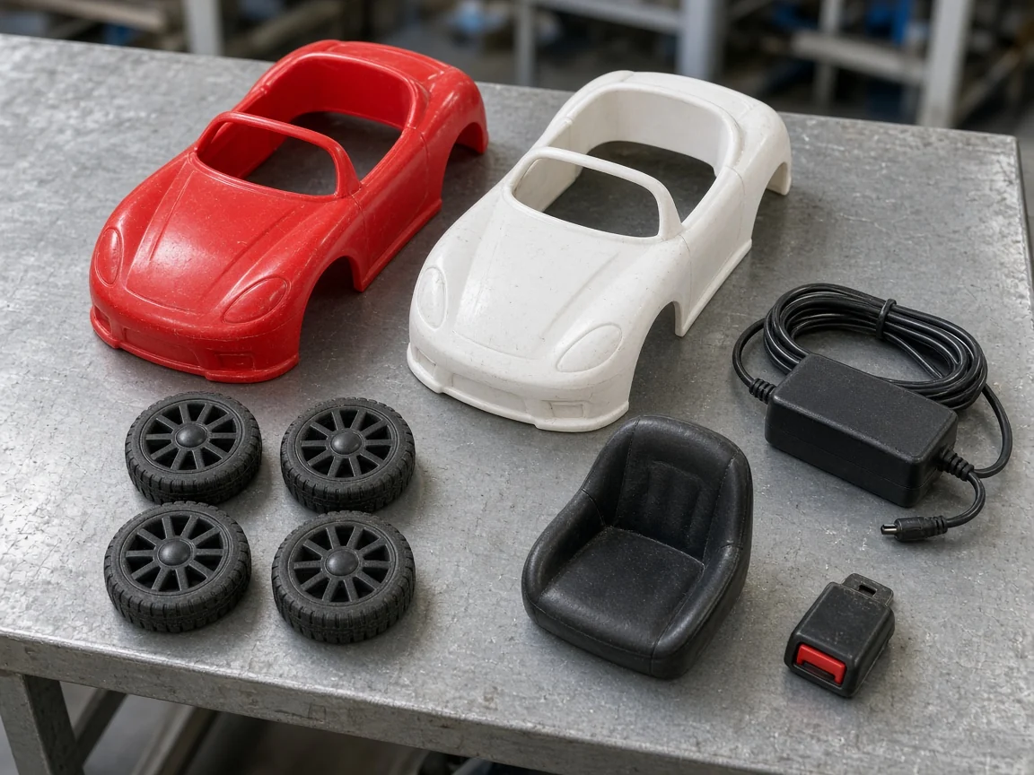 Ride-on body shells, wheels, a seat, a charger and a seat-belt buckle laid out for comparison