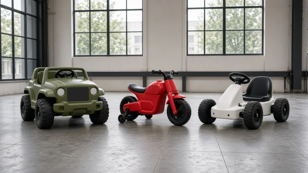 Unbranded kids ride-on buggy, motorcycle and go-kart in a wholesale showroom