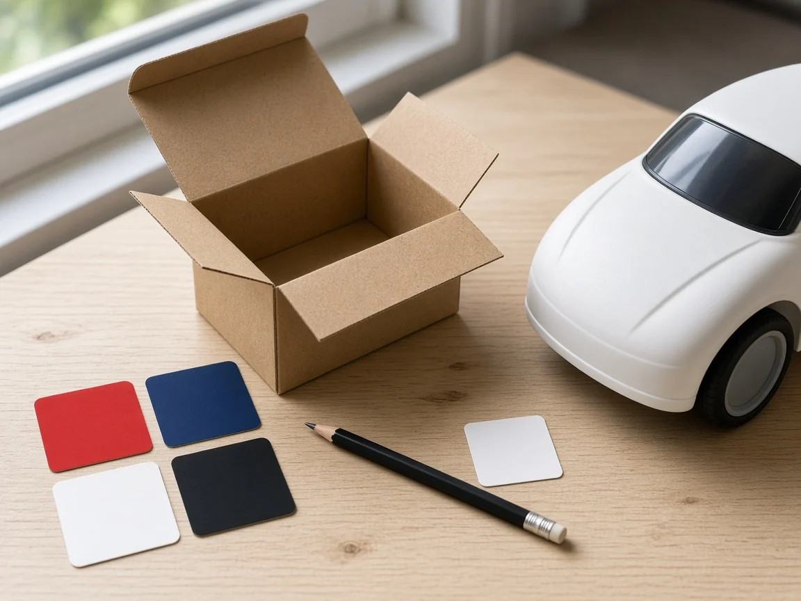 Open kraft carton, color chips and an unbranded ride-on body during a packaging review