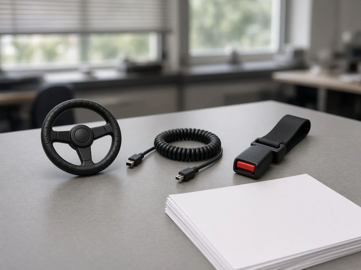 Steering wheel, charger, seat belt and a blank document stack on a product-file desk