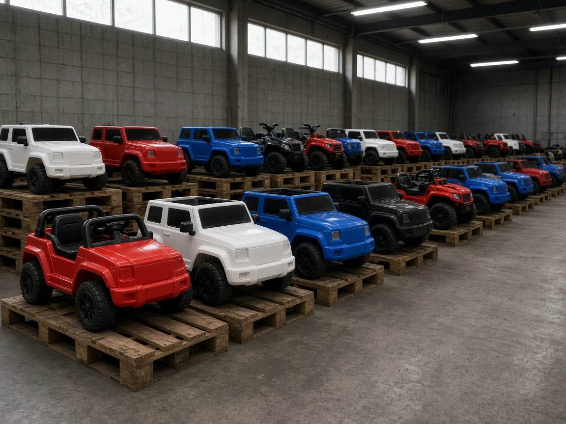 Rows of unbranded kids ride-on vehicles staged for wholesale selection
